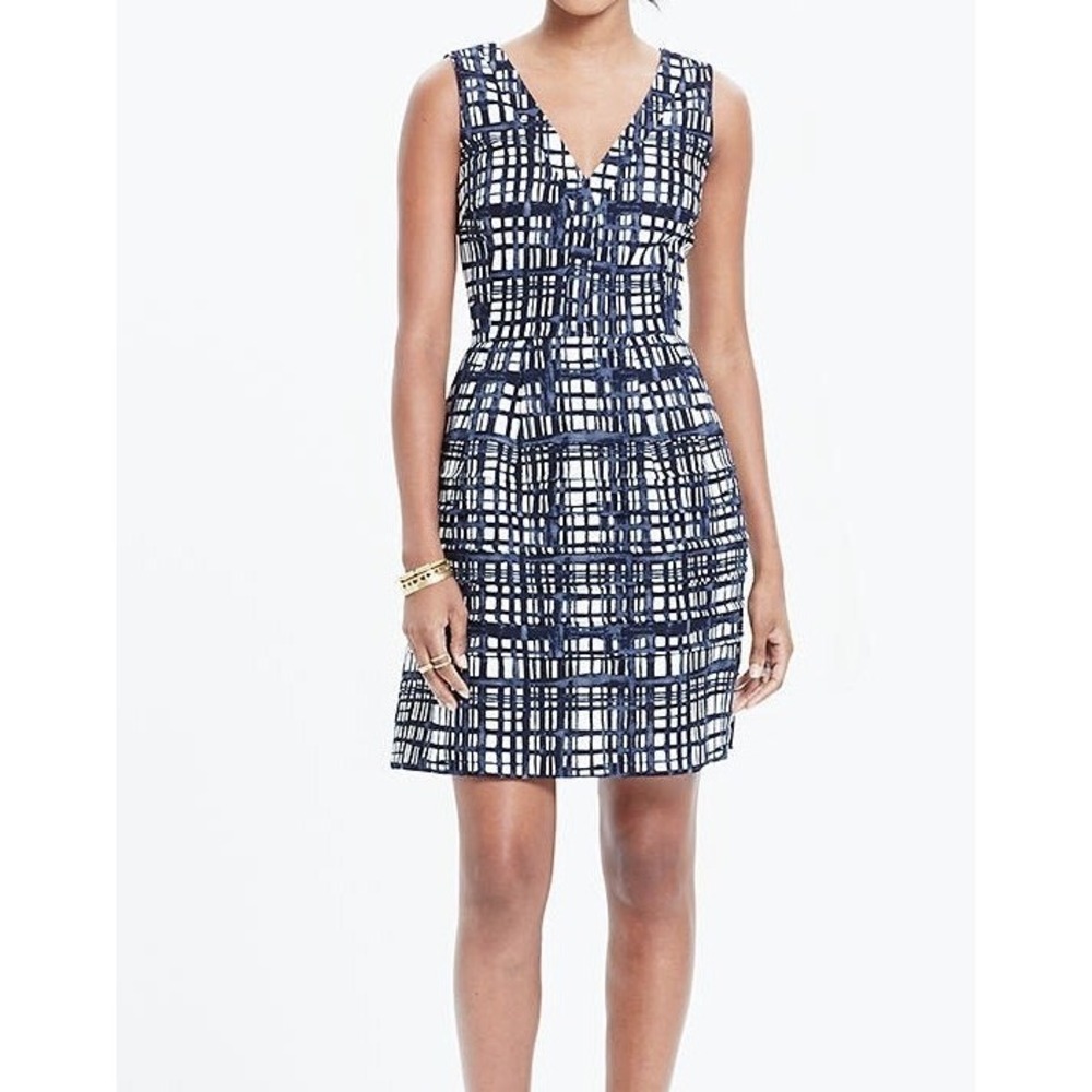 Madewell‎ Navy Blue White Print V-Neck Fit n Flare Sleeveless Mini Dress Size 8